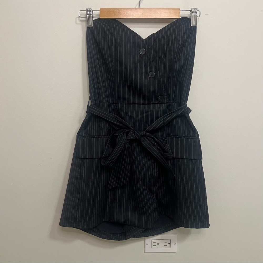 NWT Strapless Pinstripe Belted Mini Romper Jumper Career Business Woman Spring